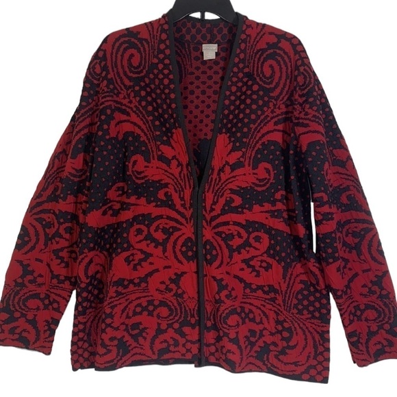 - NWT Red & Black Chico’s Pattern Jacquard Textured Knit Cardigan Sweater - Picture 5 of 11